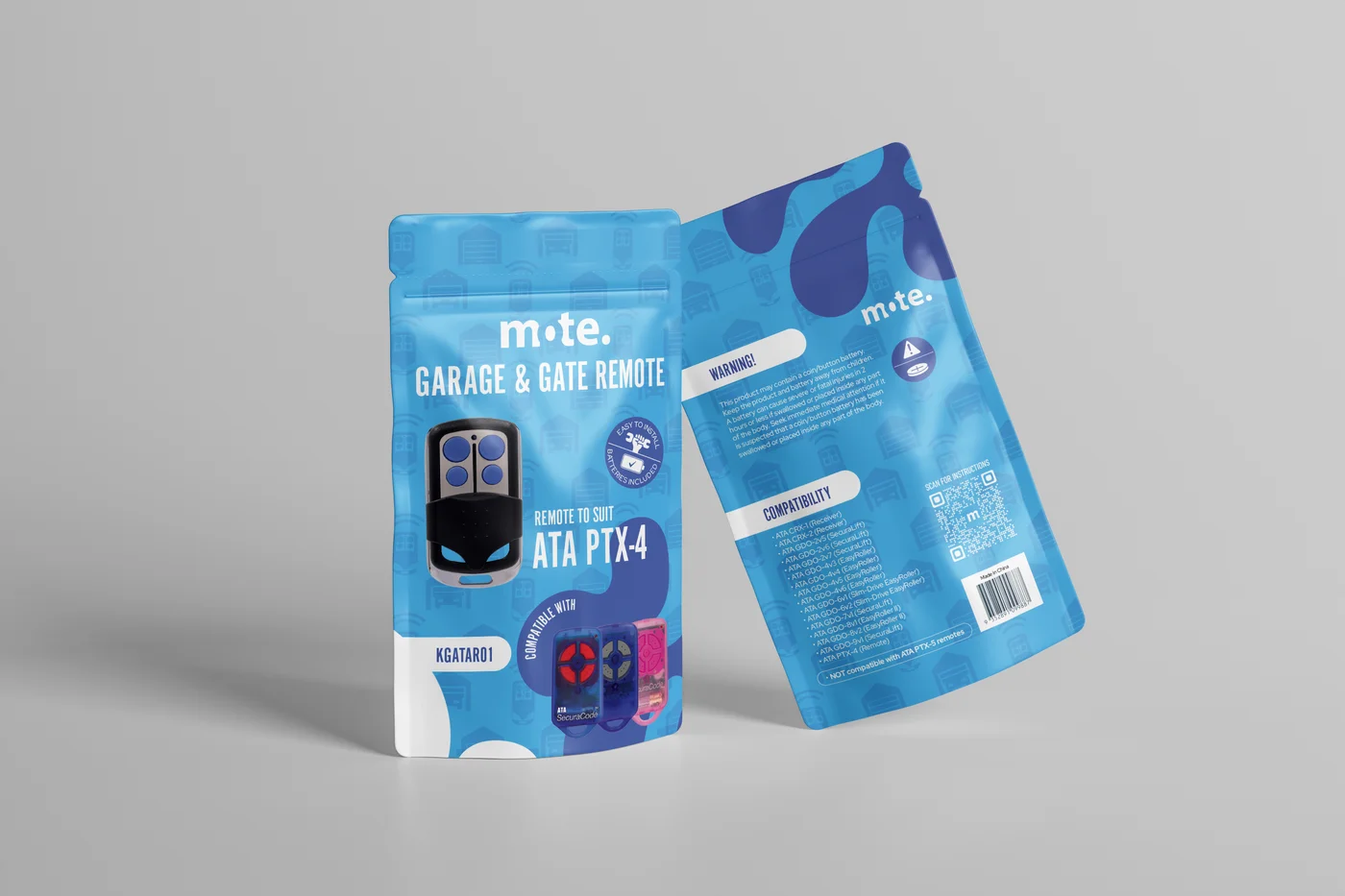 Mote retail packaging with compatible models on the front and QR setup instructions on the back
